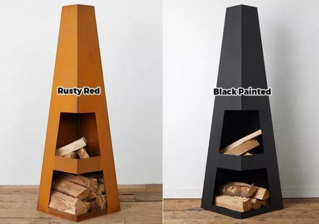Деревянная горящая ржавчина выдерживая пирамида огня Chiminea стального обелиска на открытом воздухе