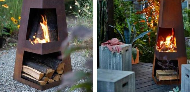 Деревянная горящая ржавчина выдерживая пирамида огня Chiminea стального обелиска на открытом воздухе