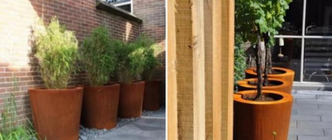 Плантаторы Corten цилиндра металла открытого сада сплющенные цветочными горшками стальные конические